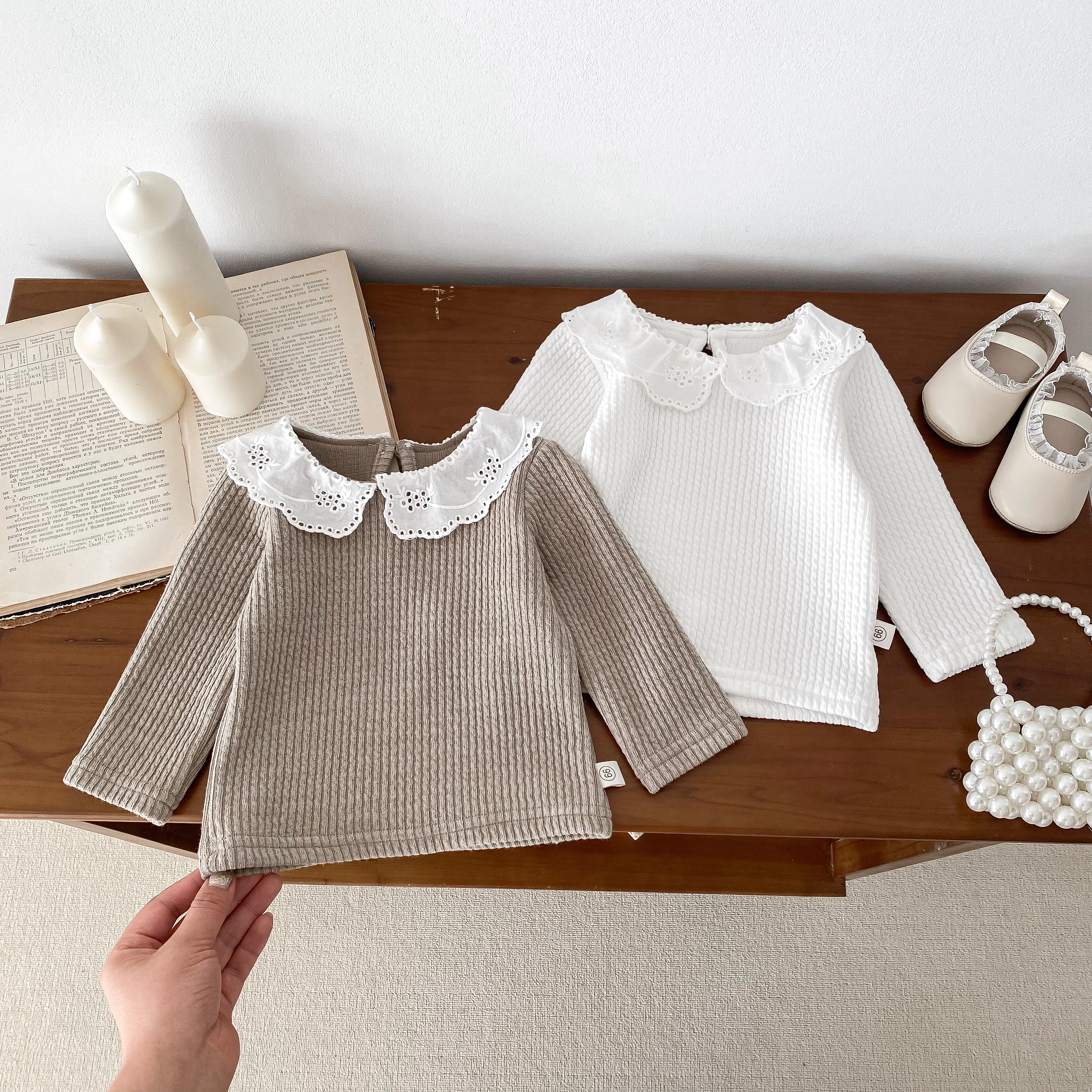 Korean Baby Girls Long Sleeves Shirt Thick Cotton Lace Collar Baby Top Children Clothes 0-24Months