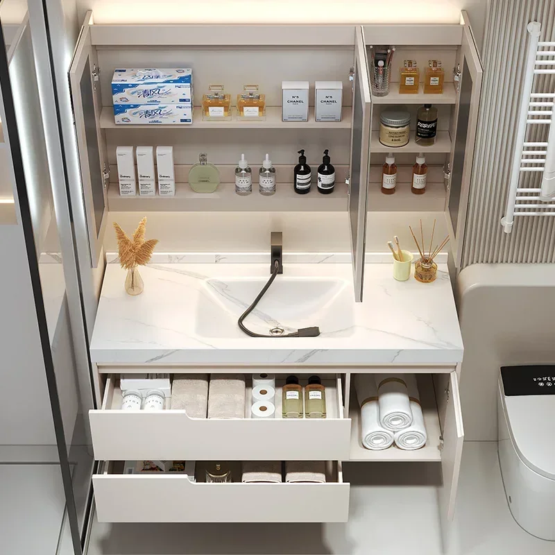 Nordic Cream Style Bathroom Mirror Cabinet Rock Slab Seamless Integrated Ceramic Basin Bathroom Cabinet Simple Home Furniture