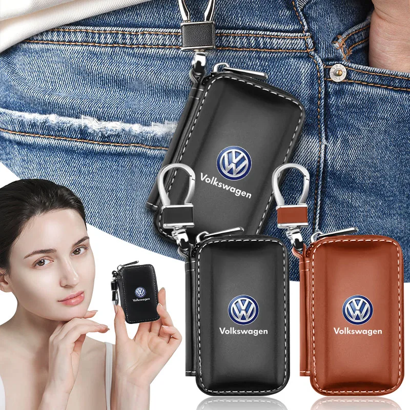 Leather Car Key Case Keychain Zipper Key Case Bag Accessories For Volkswagen Jetta MK5 MK6 Golf-4 5 6 7 Passat B5 B6 B7 T4 T5