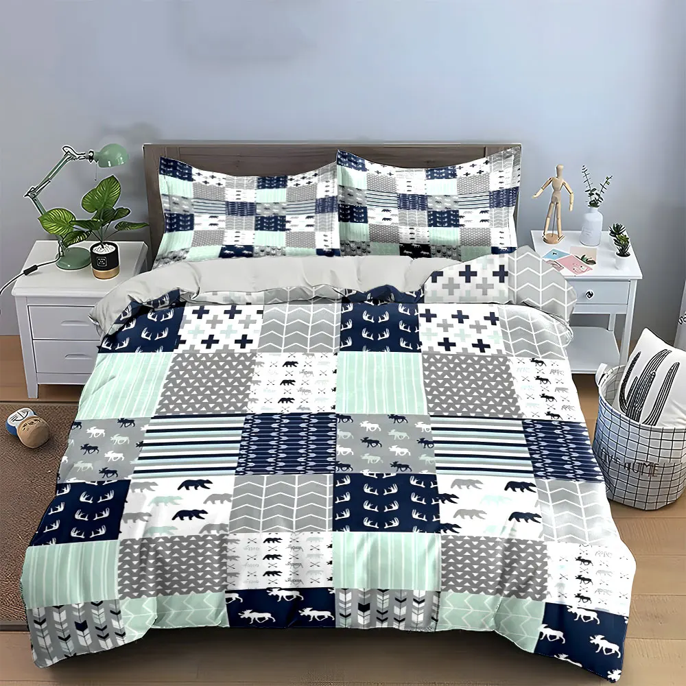 Navy Blue Woodland Animal Patchwork Bedding Set, Moose Bear Arrow Plaid Grid Print Duvet Cover Set For Baby Boys Nursery,Gift