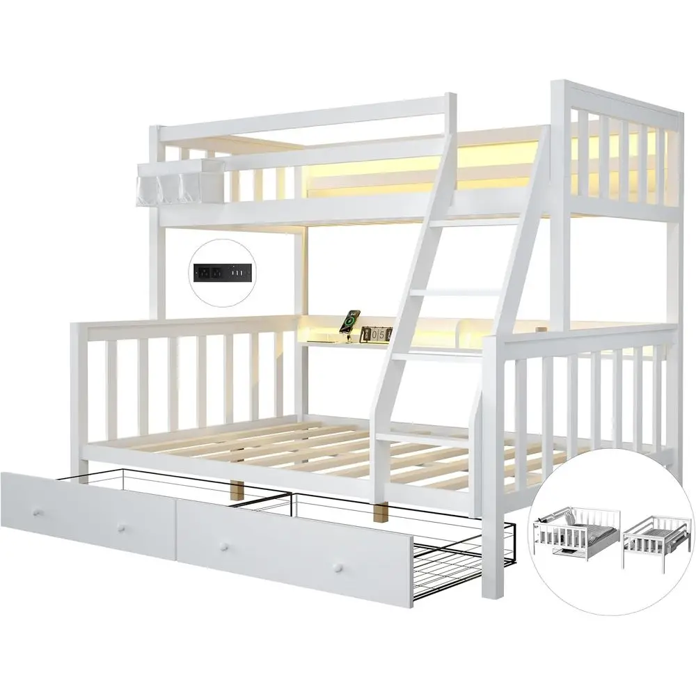 

TJBSI Solid Wood Bunk Bed with Charging Station and LED Lights Detachable Bunk Bed Twin Over Twin with 2 Storage Ders ull Size B