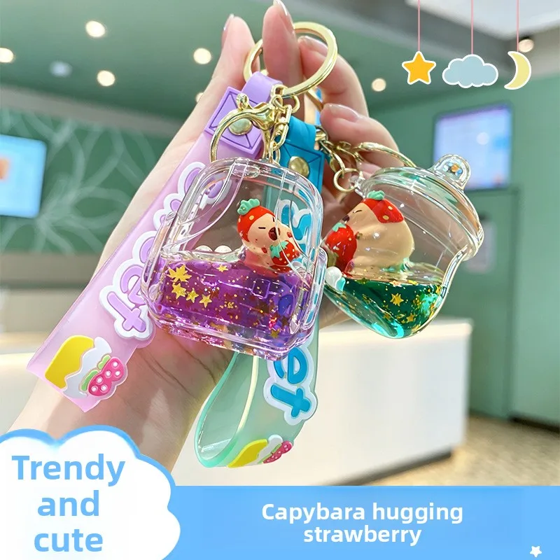 Capybara Sand Flow Oil Bottle Keychain Cute Guinea Pig Charm for Bags Backpacks Purse Keys Car Accessories Trendy Animal Gift