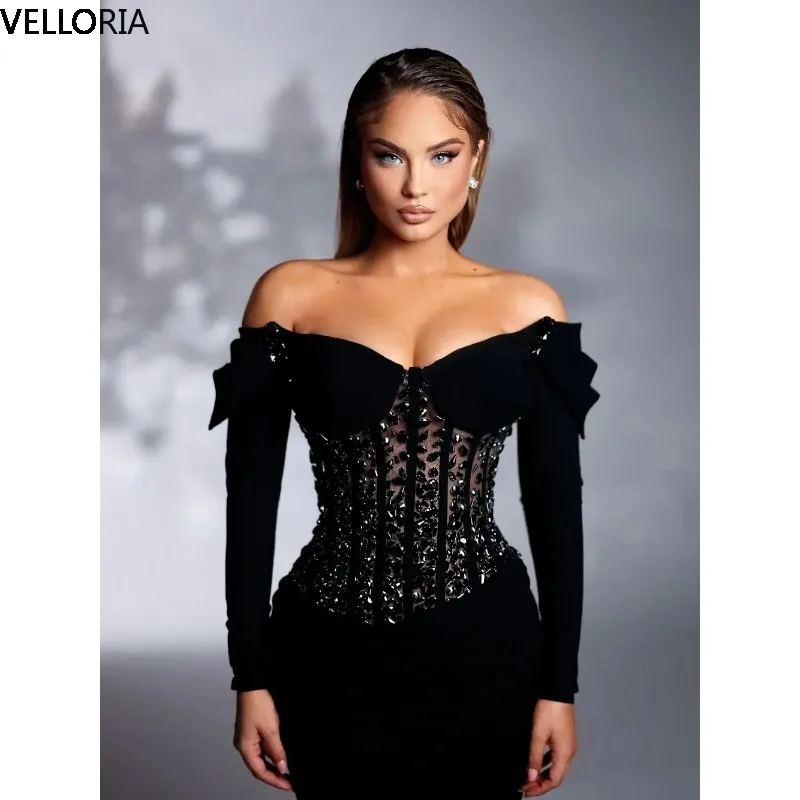 Vestido De noche elegante De sirena negro con diamantes De imitación y hombros descubiertos, vestido De fiesta De manga larga con tren, vestidos De Fiesta personalizados