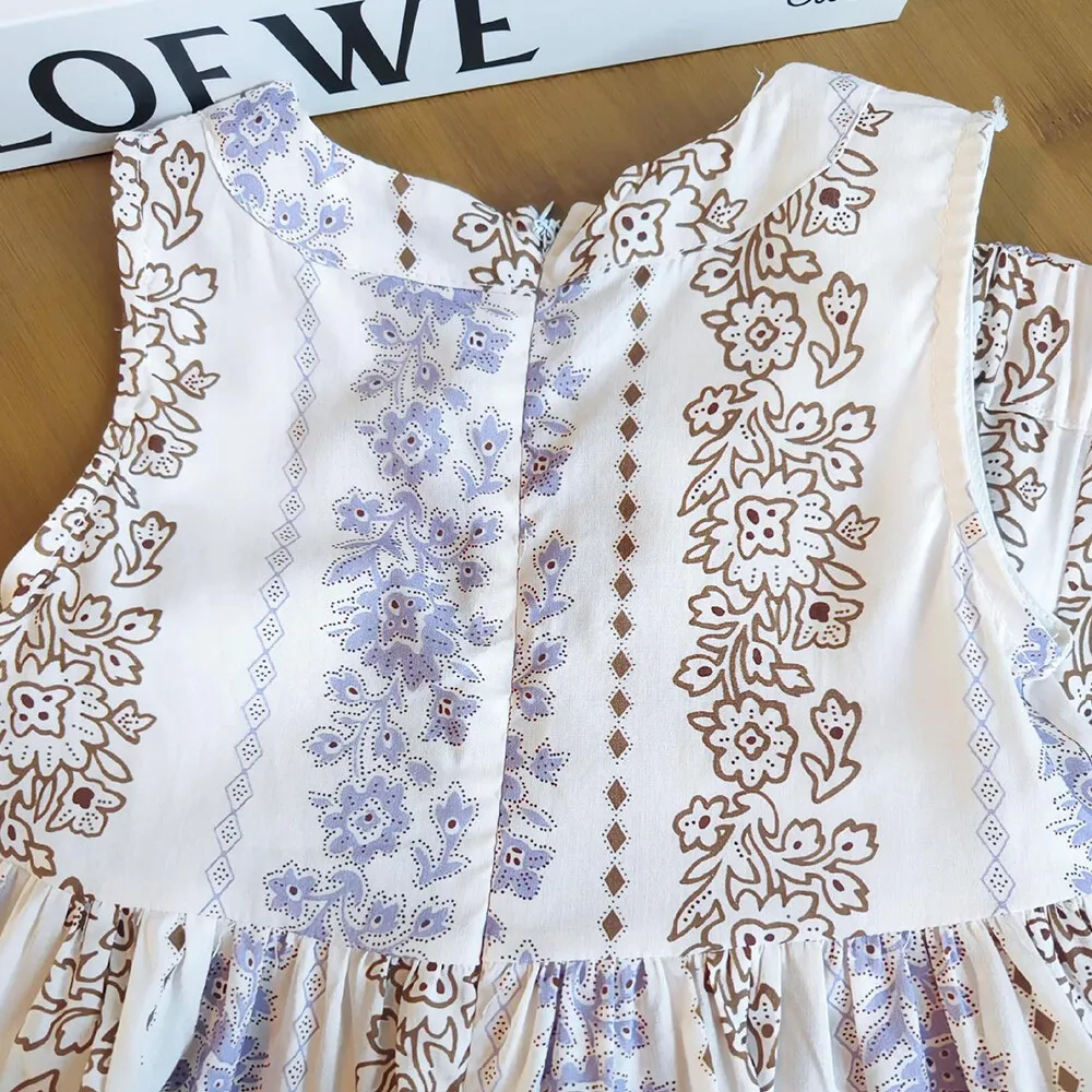 3-7 Years Children's Sets Summer Flower Printing Lace Sleeveless Top+Wide Leg Pants 2 Pieces Set Kids Girl's Casual Wear Outfits