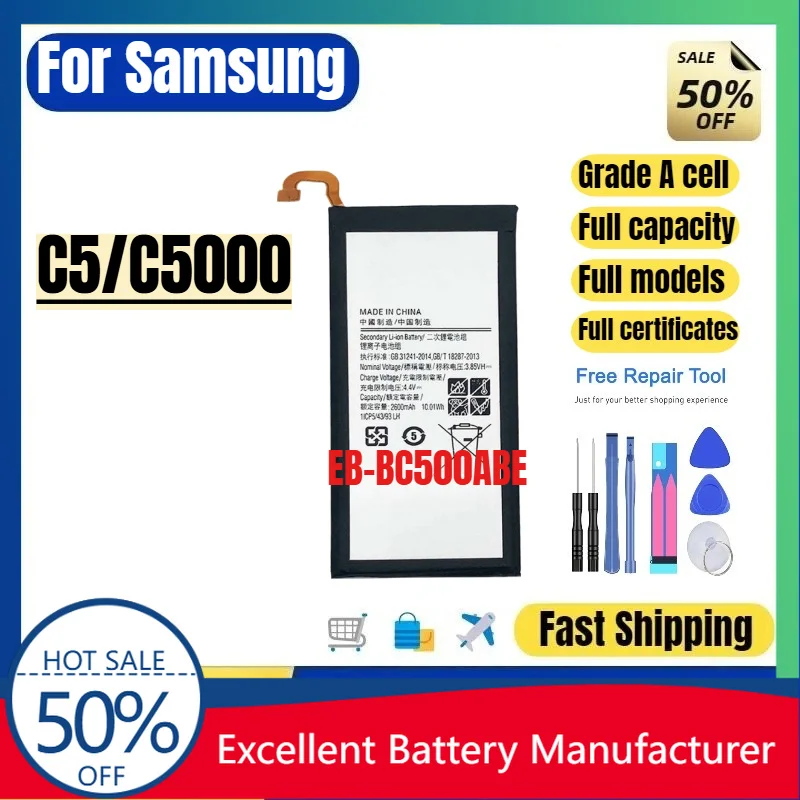 0 Cycle EB-BC500ABE Battery for Samsung Galaxy C5 C5000 Phone High Quality Replacement Battery Lithium Ion Bateria with Tools