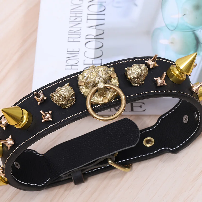 Cowhide Rivet Dog Collar First Layer Cowhide Large and Medium Dog Collar Round Head Rivet Anti-bite Dog Collar