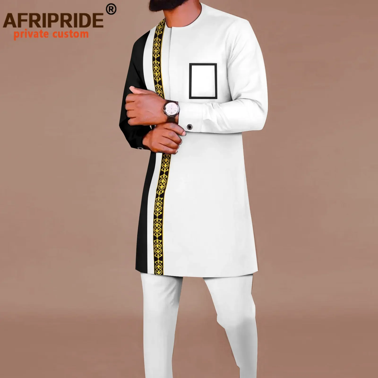 Vêtements traditionnels africains Bazin Riche pour hommes, chemises brodées et pantalons, ensemble 2 pièces, survêtement tribal formel trempé, A2316043