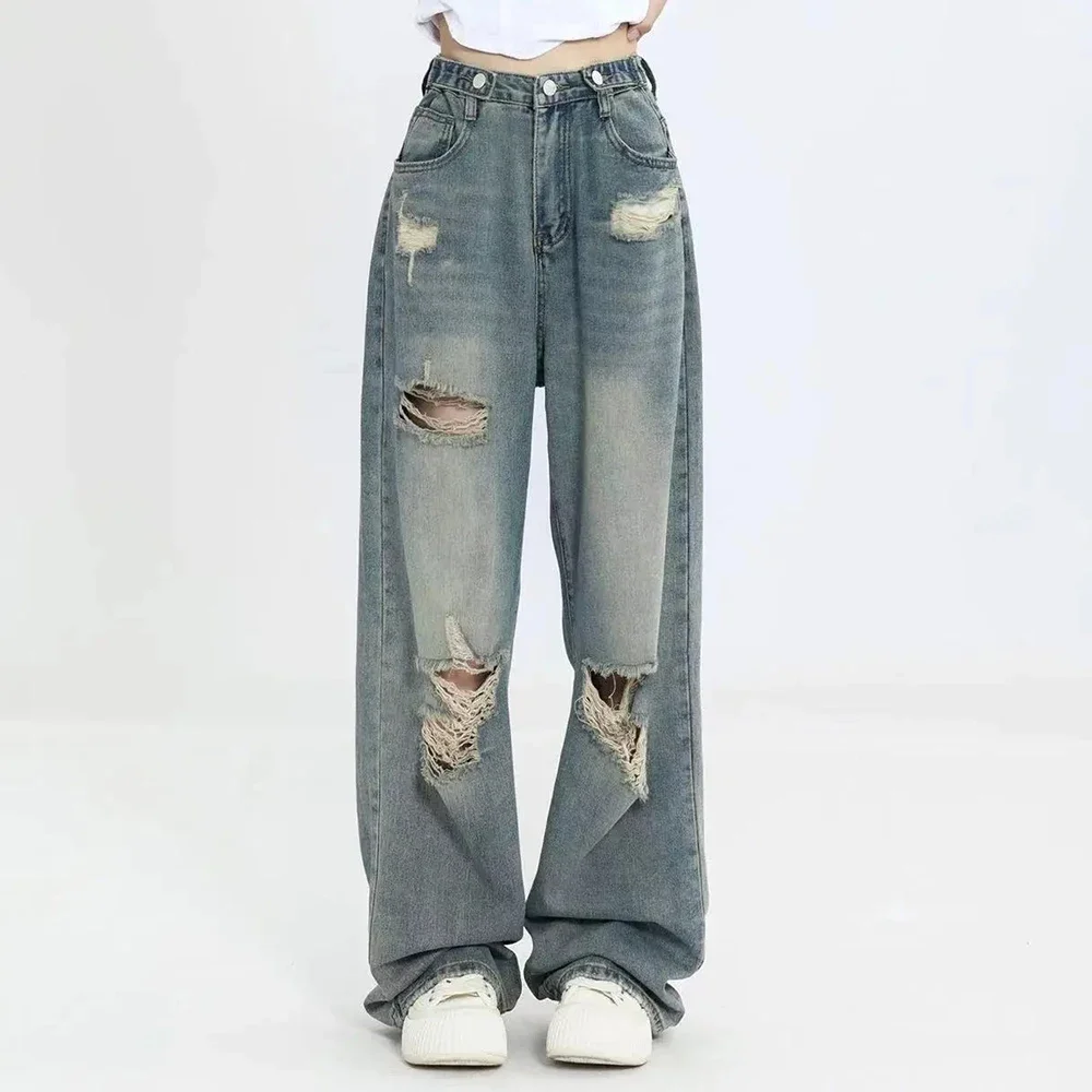 

American Retro Hole-punched Jeans Women High Waist Straight-crotch Loose Slim Design High-street Vibe Wide-legged Dragging Pants