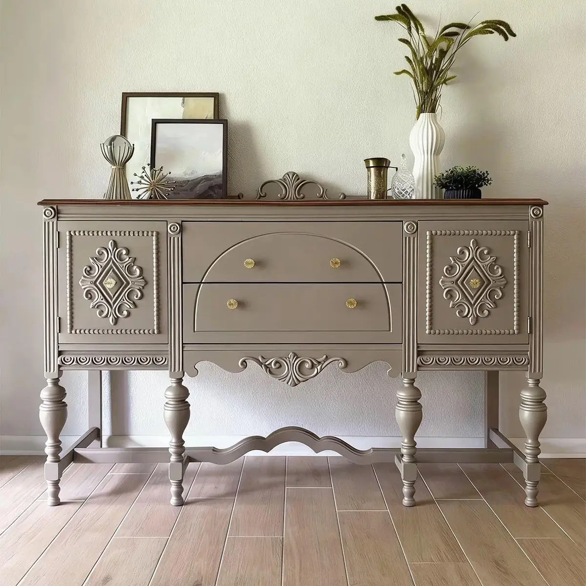 American light luxury, solid wood living room decorative entrance cabinet, French retro, carved gray dining side cabinet
