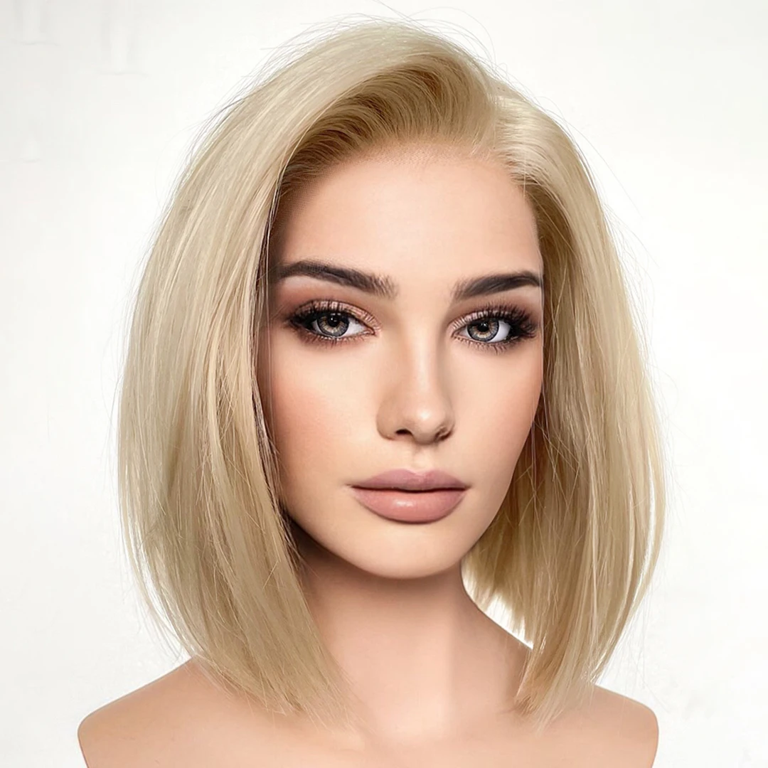 Fantasie Schoonheid Korte Bob Champagne Blonde Zijdeachtige Rechte Kanten Pruiken Voor Synthetisch Haar Voor Zwarte Vrouwen Transparante Kanten