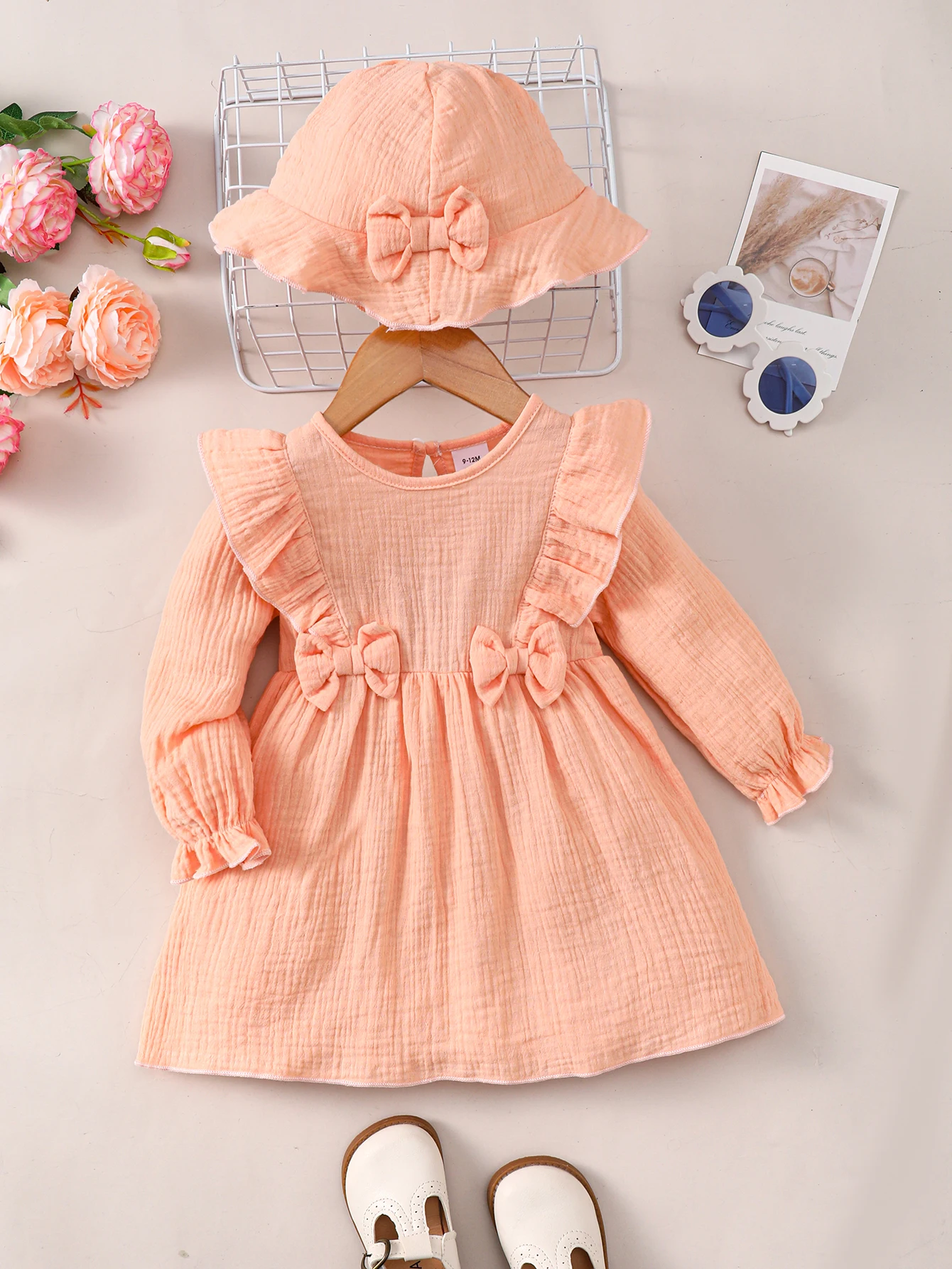 3 Color Cute Dresses for Baby Girls Solid Color Long Sleeved Dress with Two Bows+Hat Autumn Fashion Wear for 0-3 Years Toddlers