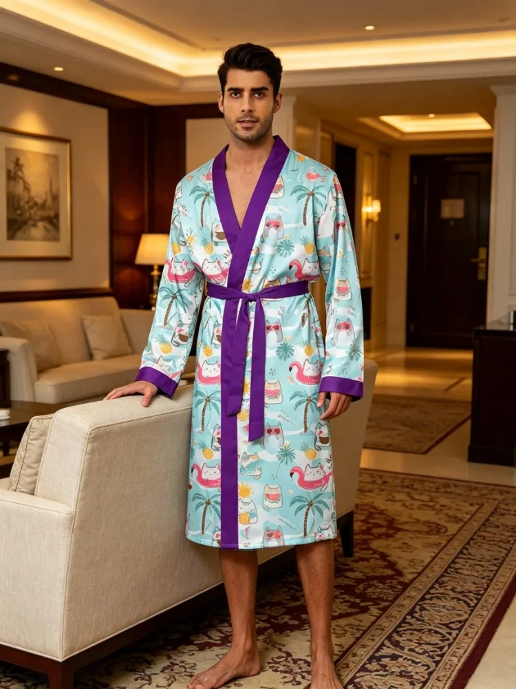 Men's lightweight quick-drying pajama bathrobe - 3D digital printing, non-fading design, stand-up collar and adjustable waistban