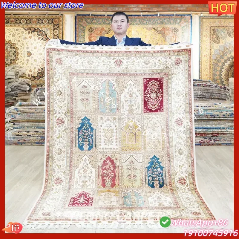 CECertificate YILONG 4.6'x6.6' Handmade Oriental Floral Silk Hand-knitted Carpet Washable Non-Slip Low Pile