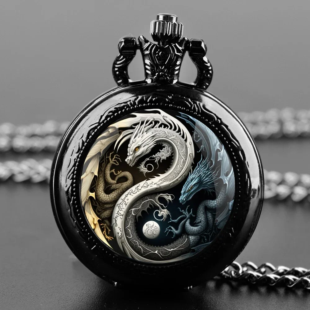 

Yin-Yang Dragon Glass Dome Arabic Numerals Display Quartz Pocket Watch Vintage Pendant Clock for Men Women with Chain