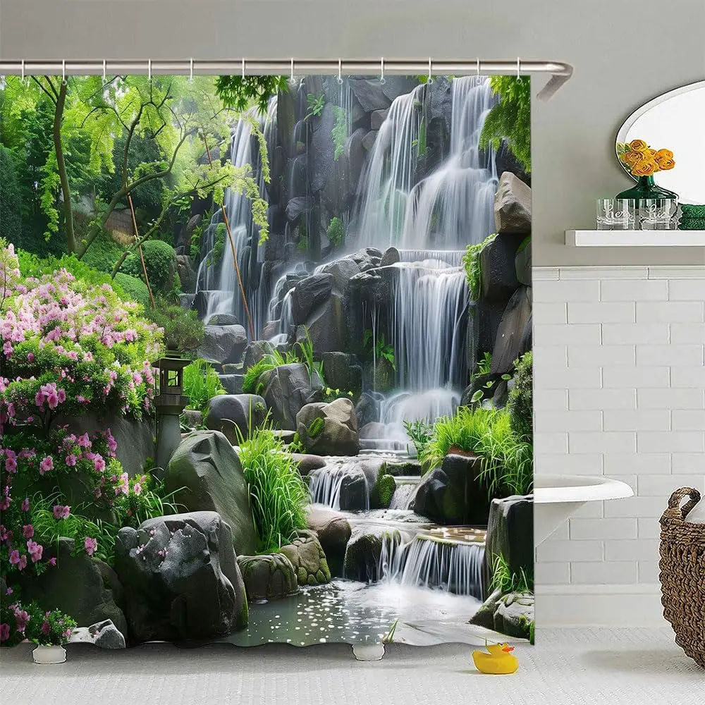 Forest Waterfall Green Shower Curtain Jungle Rainforest Mountain Lake Green Plants Bushes Courtyard Spring Natural Landscape