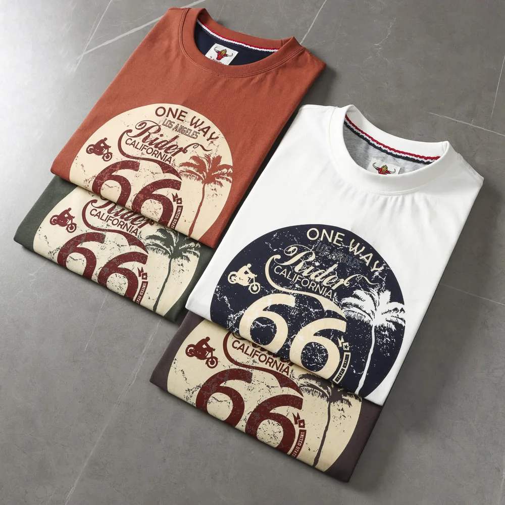 2025 Summer American Retro Short Sleeve O-neck Letter Motorcycle Printed T-shirt Men's Fashion 100% Cotton Washed Casual Tops