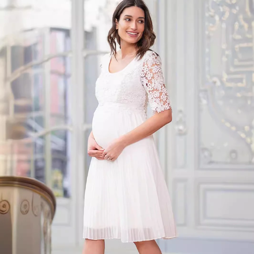 Womens Dresses Ivory Lace Maternity Clothing Dress Patchwork Round Neck Cute Pregnancy Elegant Temperament Pleated Clothes