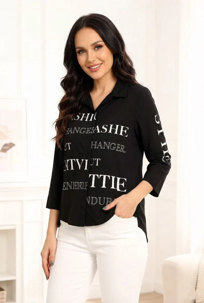 Women Oversized Letter Print Blouse Black Lapel Long Sleeve Button Down Shirt Loose Casual Elegant Top view 5