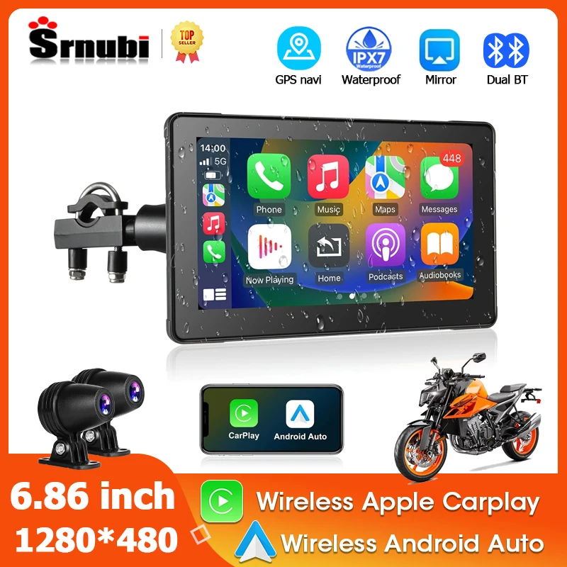 Srnubi 7 Inch Motorcycle Portable Wireless CarPlay Android Auto Touch screen GPS Navigation Siri Voice Dual Bluetooth Waterproof