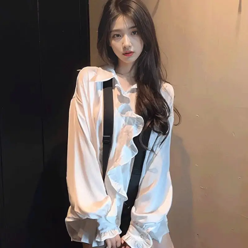 

Long Sleeve Shirts Womens Chiffon Button Down Blouses Lantern Sleeves Subcultural Aesthetic Punk Rock Trendy Autumn Streetwear