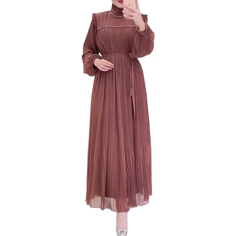 Elegante temperamento donne Dubai Abaya caftano turchia Islam abito musulmano Solid Lantern Sleeve Abaya per le donne caftano con cintura