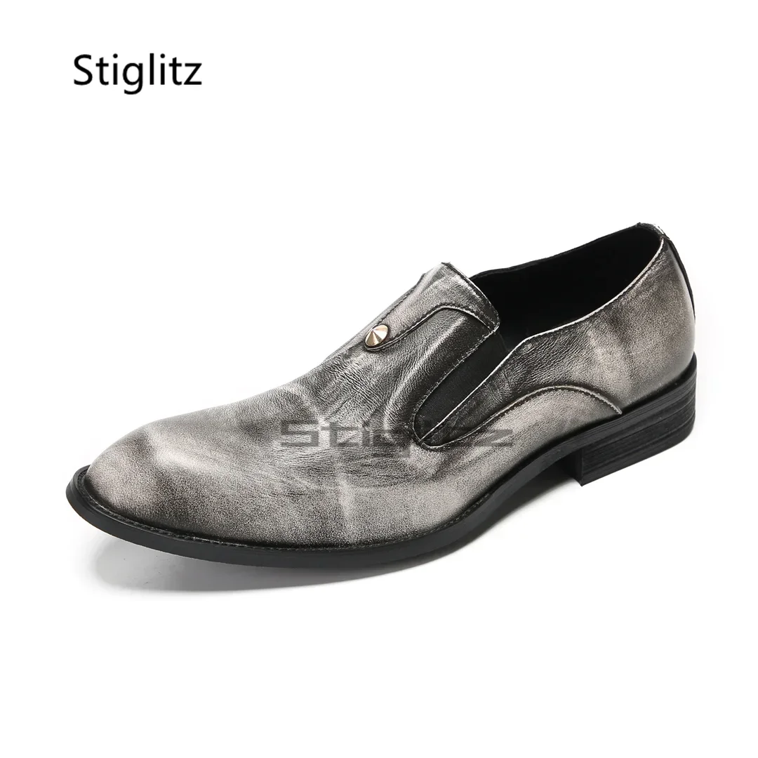 Men's Business Dress Slip On Leather Shoes Silver Grey Handmade Genuine Leather Office Work Social Shoes for Men Autumn New