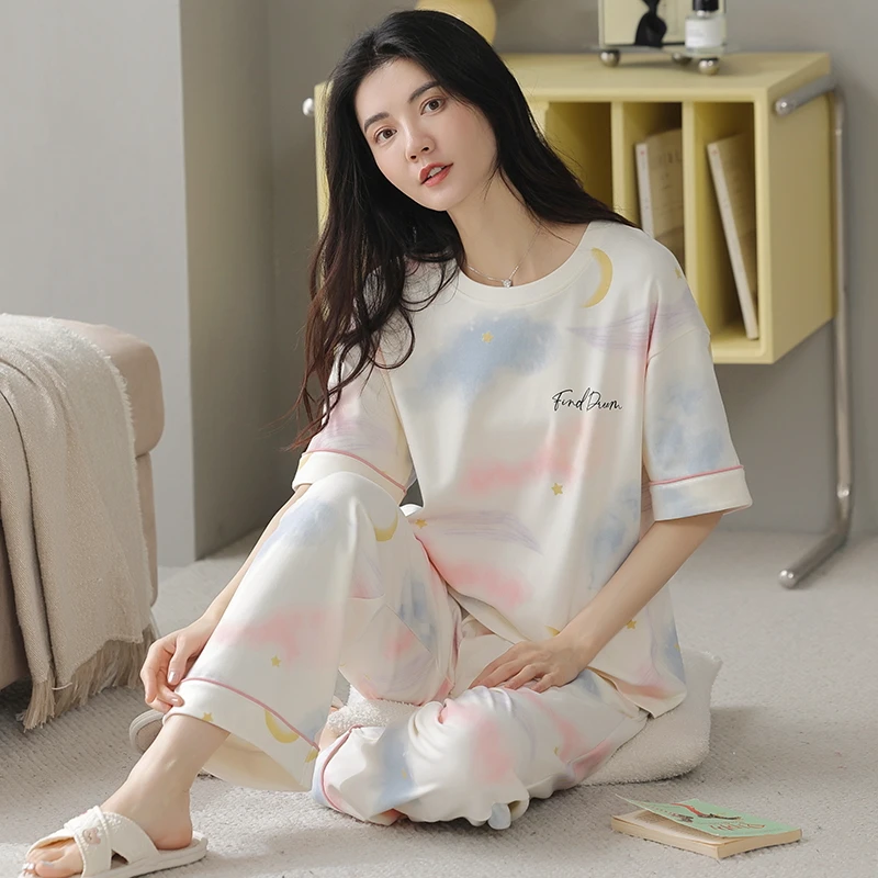 100% Cotton Pajama Set Short Sleeve Pullover Top & Long Pants Pj Set Women's Sleepwear & Loungewear For Summer
