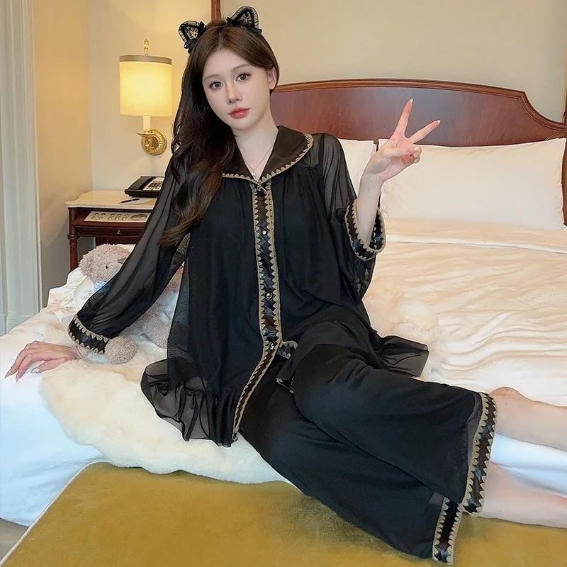 2026 Spring Autumn Women's Black Pajamas Long Sleeve Princess Lace Cardigan Comfortable Homewear Cozy Solid XXL Size Chest Pad