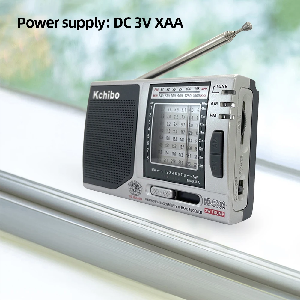 KK-9803 جهاز استقبال راديو صغير محمول ، مقبس 3.5 مللي متر ، FM ، MW ، SW1-8 ، مكبر صوت مدمج ، راديو كامل 10 ، بطارية تعمل لكبار السن