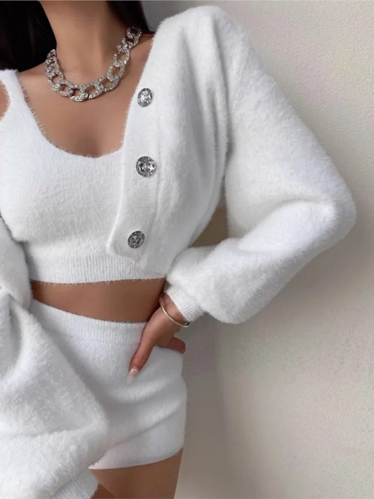 Women\'s 3-piece Set Korea Style White Cardigan Furry Single-breasted Button Tank Top Knitted Sweater Jumper Shorts Pants Set