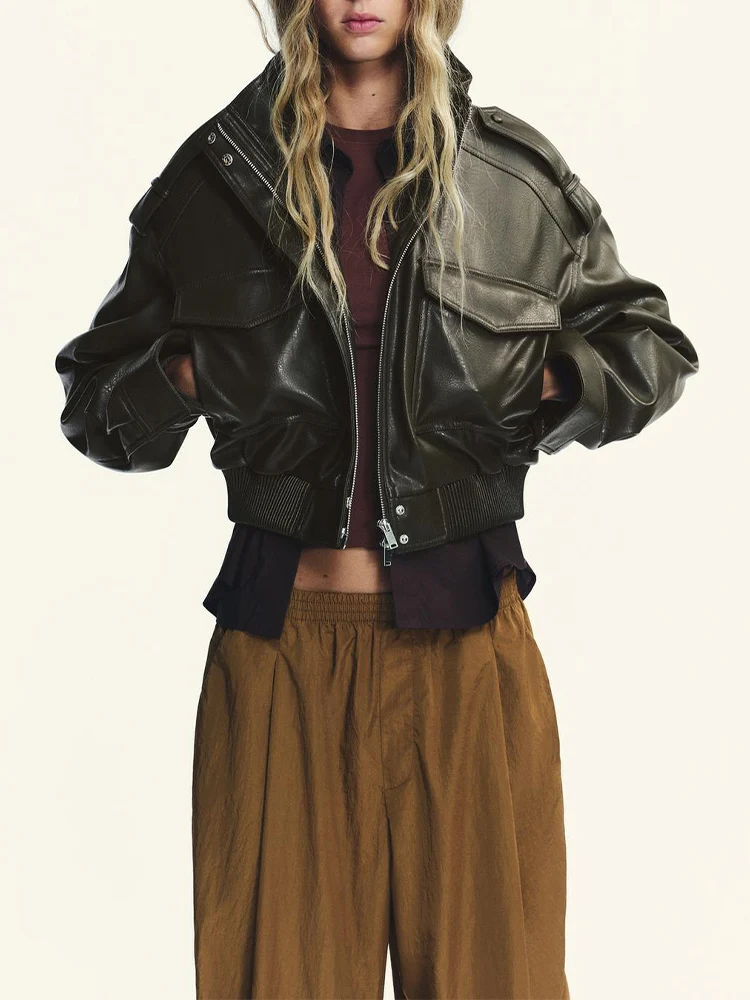 Nueva ropa de otoño de estilo europeo y americano para mujer, Chaqueta corta de manga larga con cuello levantado de piel sintética versátil