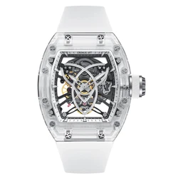 CRONUSART Men Automatic Watch Tonneau Mechanical Wristwatch High Transparency Acrylic Case Fluororubber Strap Skeleton Dial