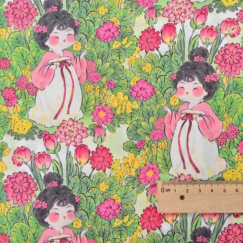 Pure Cotton Fabric Chinese Style Sleepwalking Tang Dynasty Girl Cartoon Printed for DIY Sewing Clothes Skirt Hanfu by Half Meter