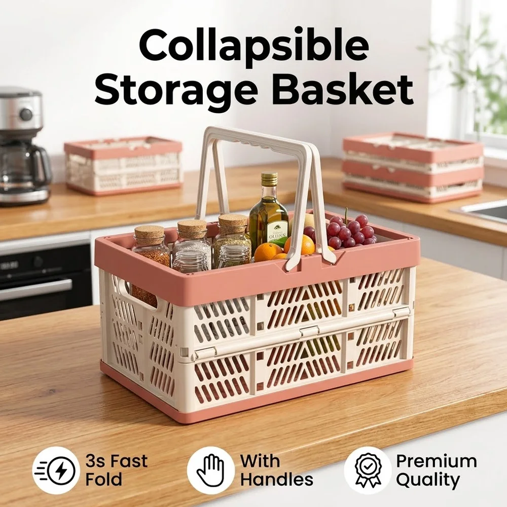 Collapsible Storage Basket with Handles Plastic Foldable Crate Morandi Desktop Organizer Box for Kitchen Office Pantry