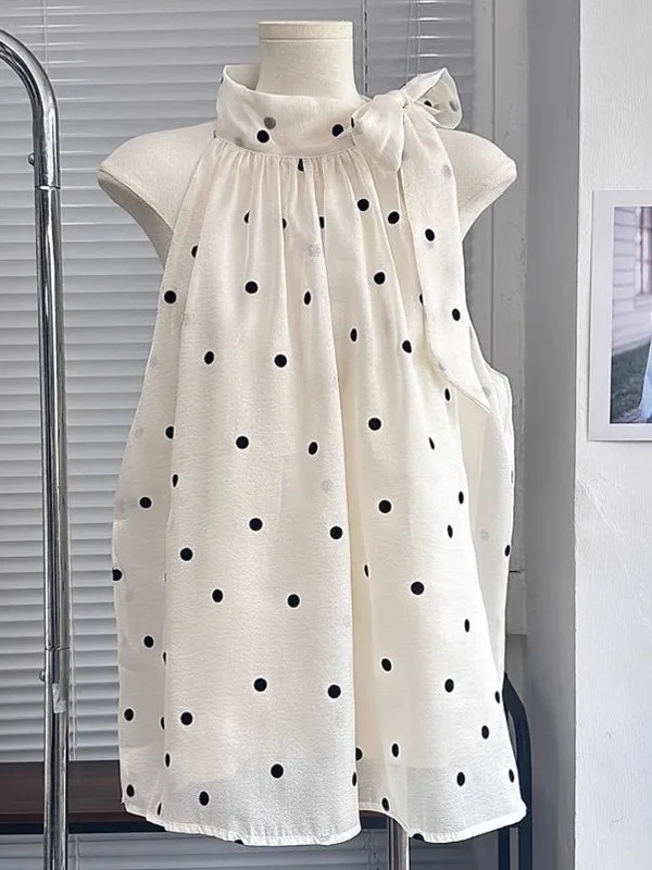 

Korean Style Sweet Polka Dot Knot Neckless Sleeveless Vest Women Summer 2025 New Slimming Shirt Top round Neck