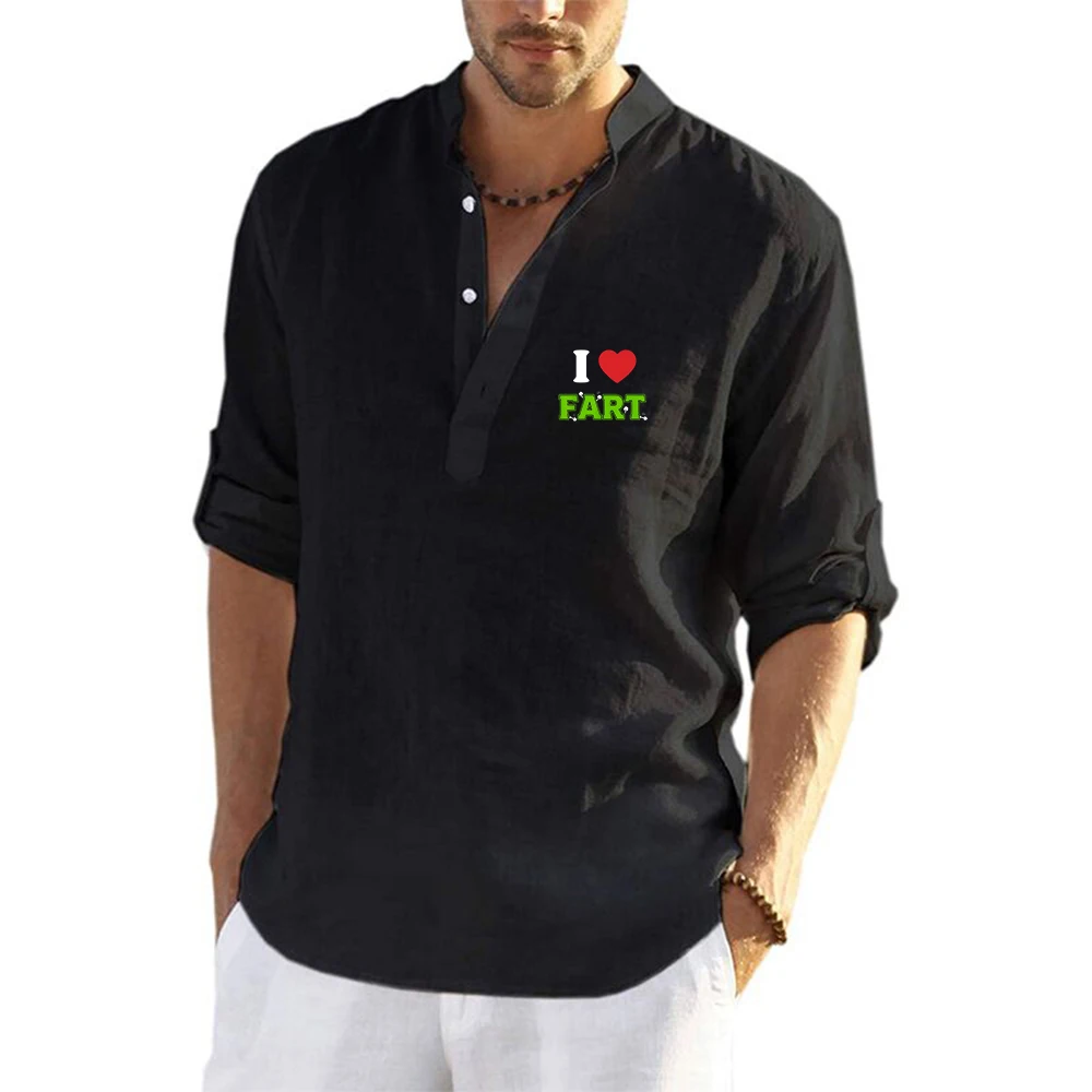 2026 Huge Fart Loading Print Spring Autumn Men's New Cotton Linen Design Long Sleeve Top Breathable V-Neck Casual Shirt