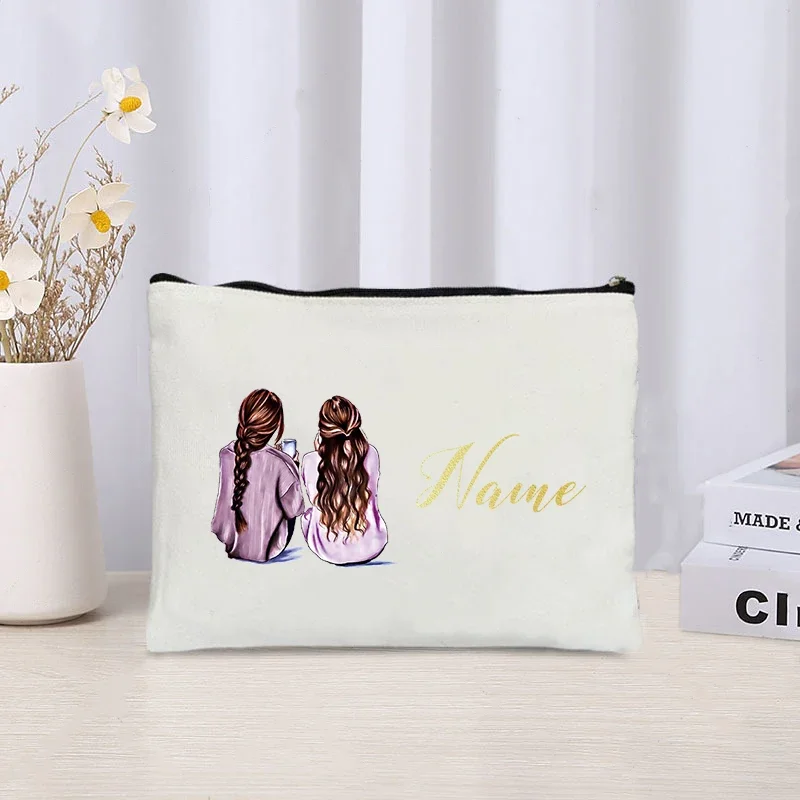 Bolsa de maquillaje personalizada con nombre para novia y dama de honor, bolsa de cosméticos de baño de boda, regalo para mejores amigos, organizador de Perfume de lápiz labial de viaje