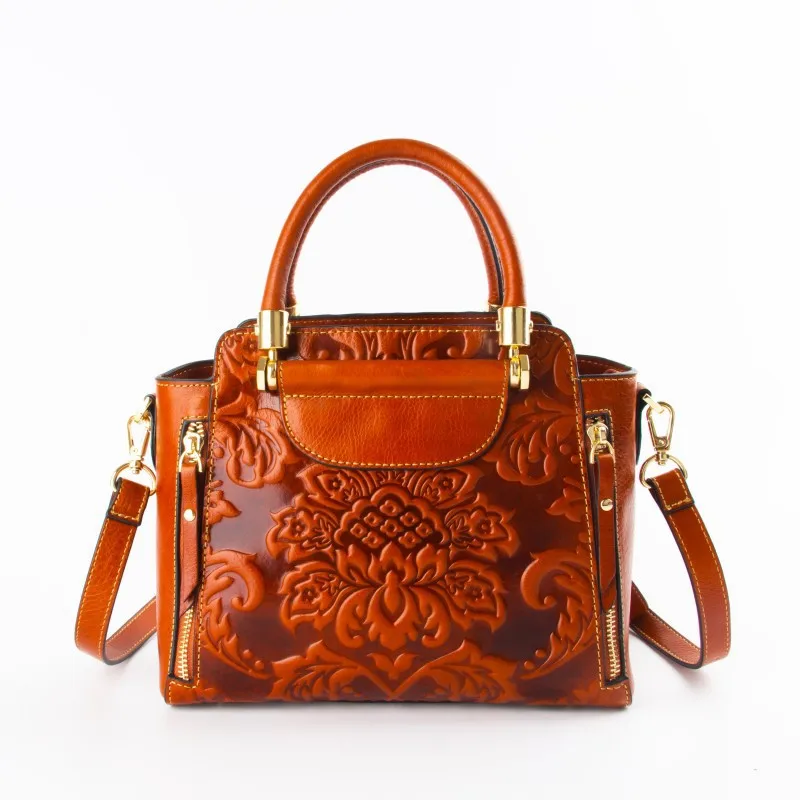 Ladies Floral Genuine Leather Handbag Real First Layer Cow Leather Tote Bag Chinese Style Women Messenger Bags