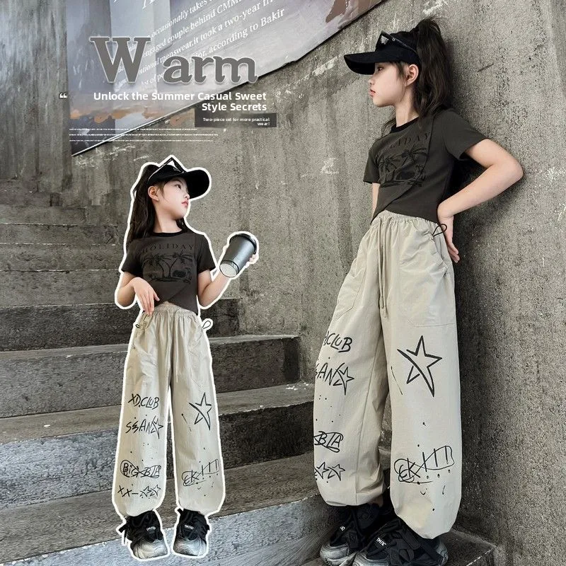 

Новые летние длинные брюки для девочек, повседневная спортивная рабочая одежда, брюки fiti, уличная одежда в американском стиле для девочек среднего и большого размера