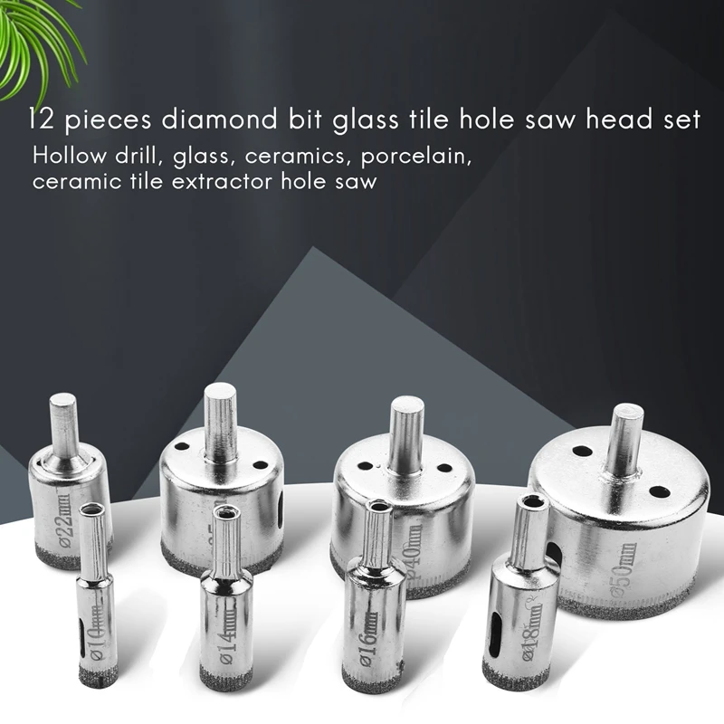 12Pcs Diamond Drill Bits Glass Tile Hole Saw Bits Set, Hollow Core Drill Bits, Extractor Remover Hole Saws For Glass, Ceramics,