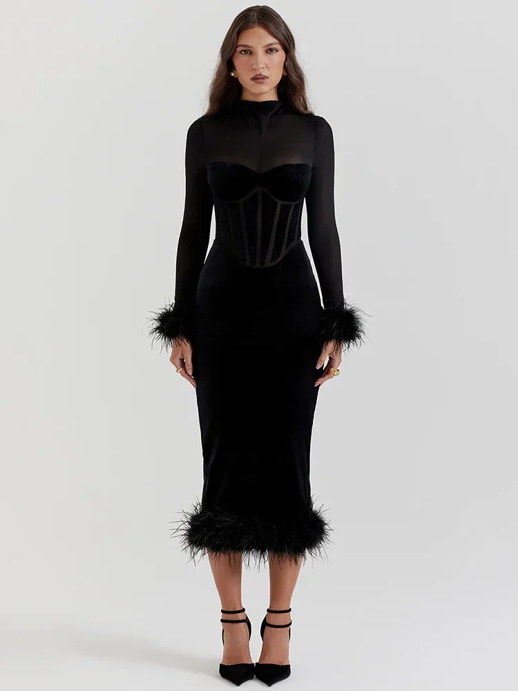 Elegant Feather Sexy Midi Dress For Women Black Fashion Sheer Long Sleeve Backless Bodycon Club Party Long Dress