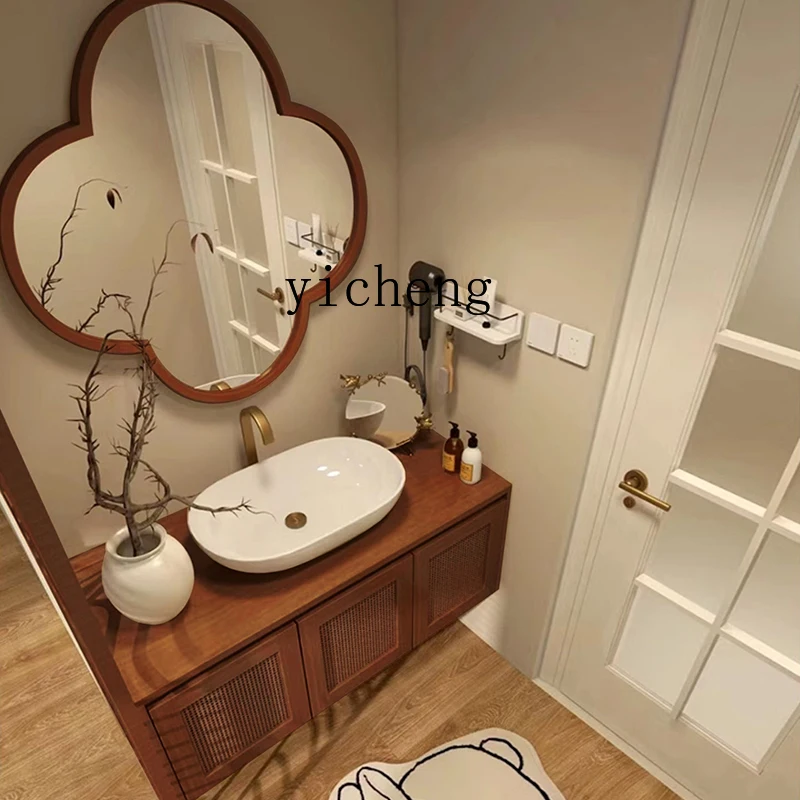 ZF Rattan Bathroom Cabinet Combination Antique Style Washstand Cherrywood Color Plum Mirror Bathroom