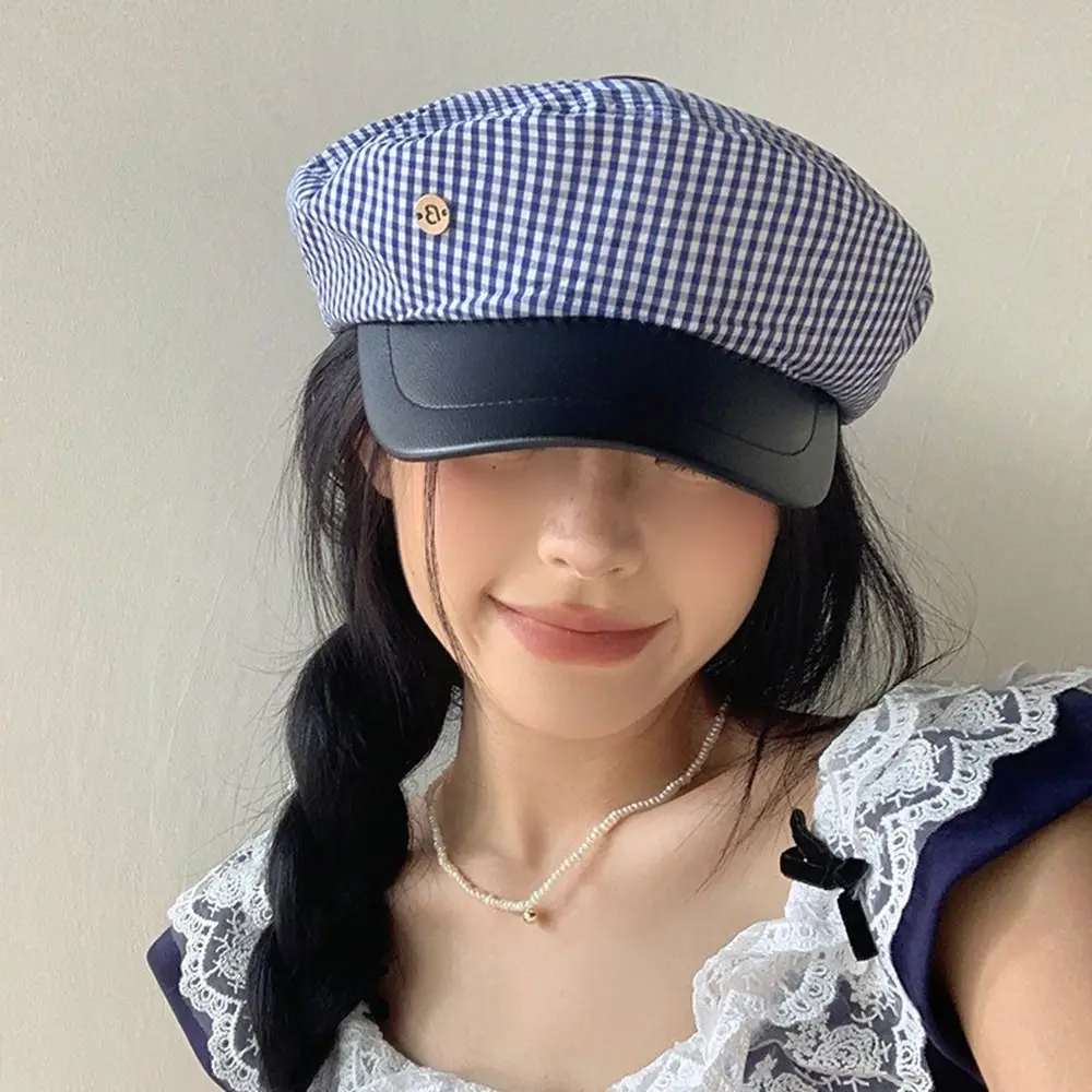 

Retro Blue Plaid Beret Designer Flat Top Sailor Hat JK Y2k Navy Cap For Women