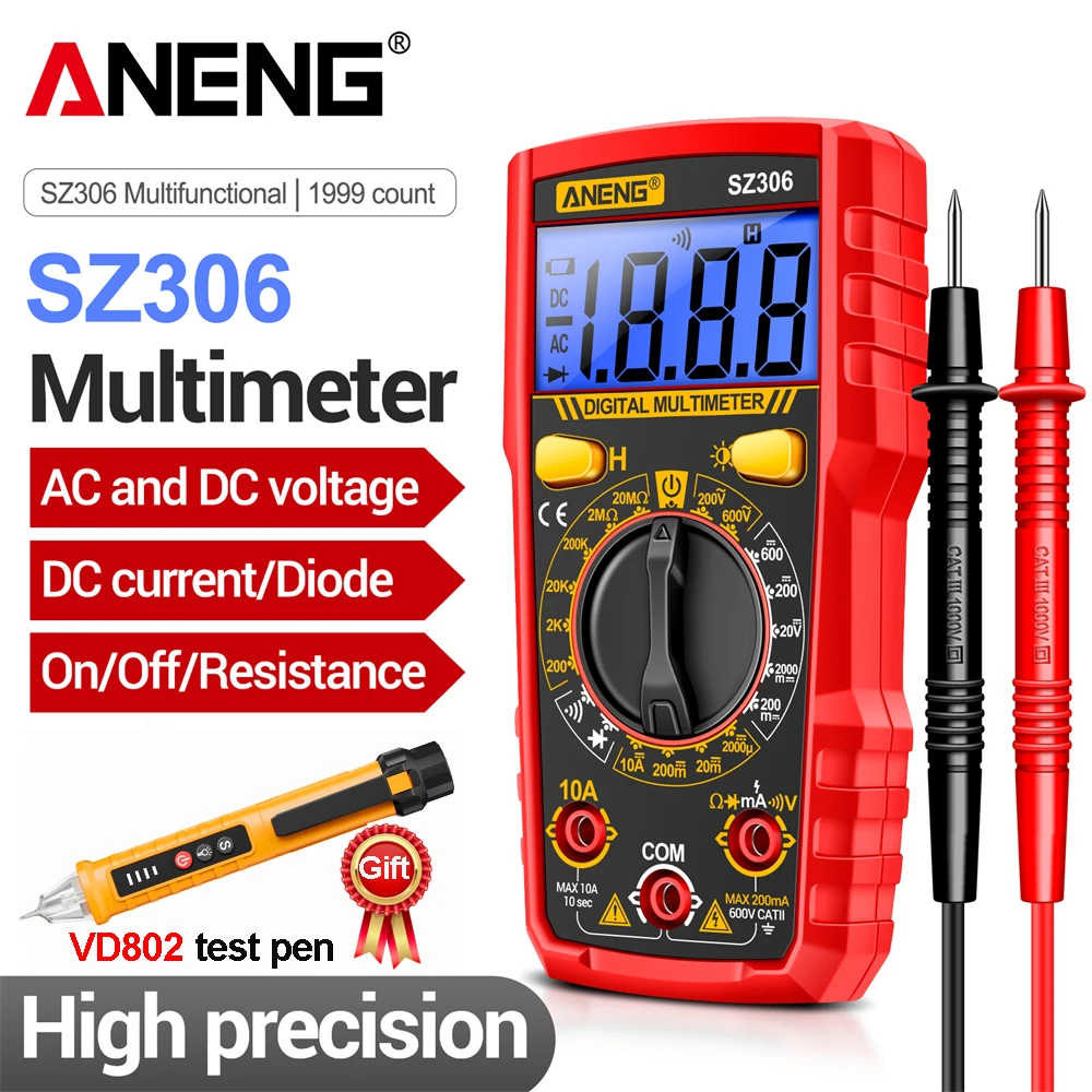 

ANENG SZ306 Professional Digital Multimeter 1999 Counts AC DC Voltage Current Resistance Tester Diode Buzzer Electrician Tool