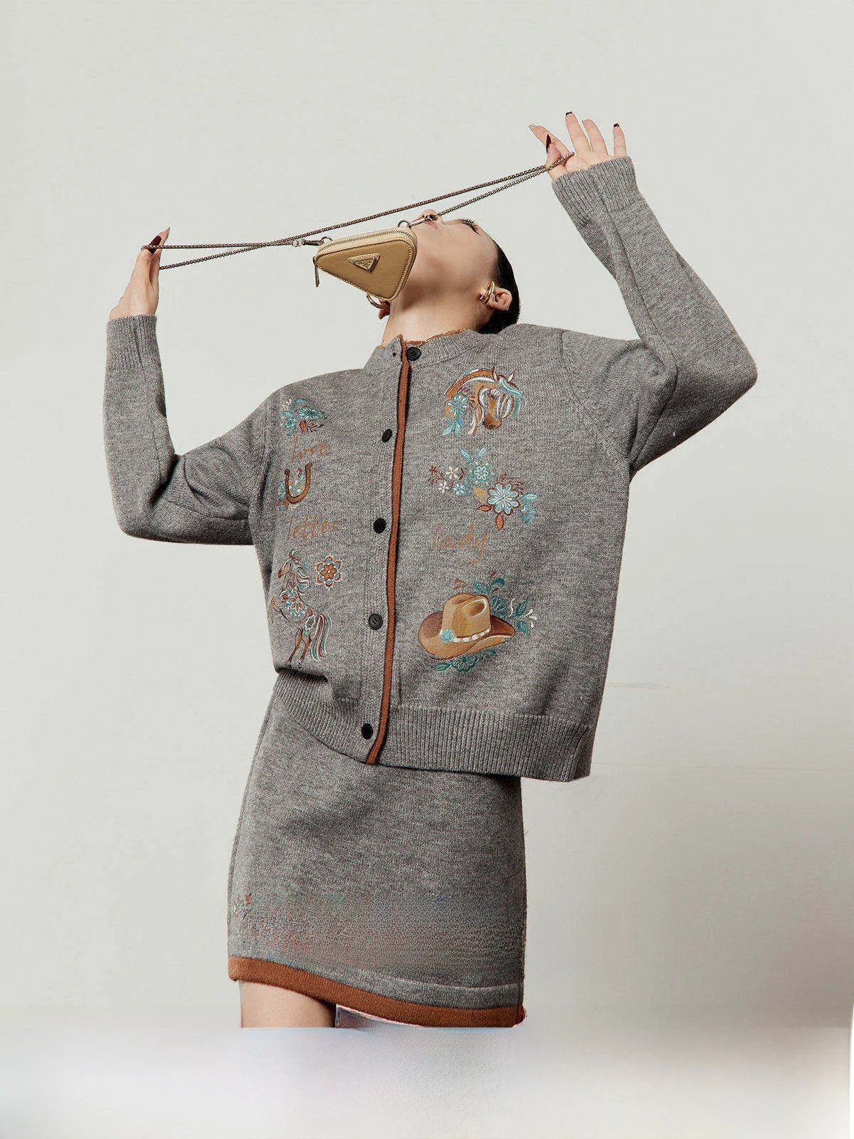 

Grey Denim Set Women's Spring 2026 New Style Sweater Half Skirt Two-Piece Set Casual Fashion Elastic Long Sleeve round Neck