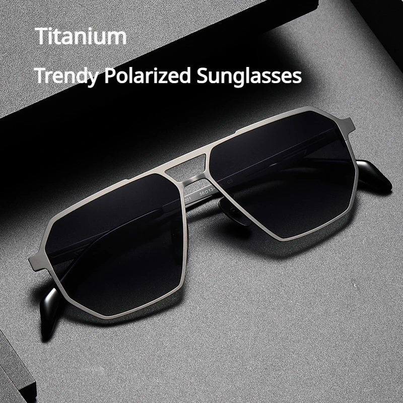 Trendy Titanium Polarized Shades Irregular Polygon Double Bridges Titanium Frame Fashionable Camping Driving Anti-UV Sunglasses