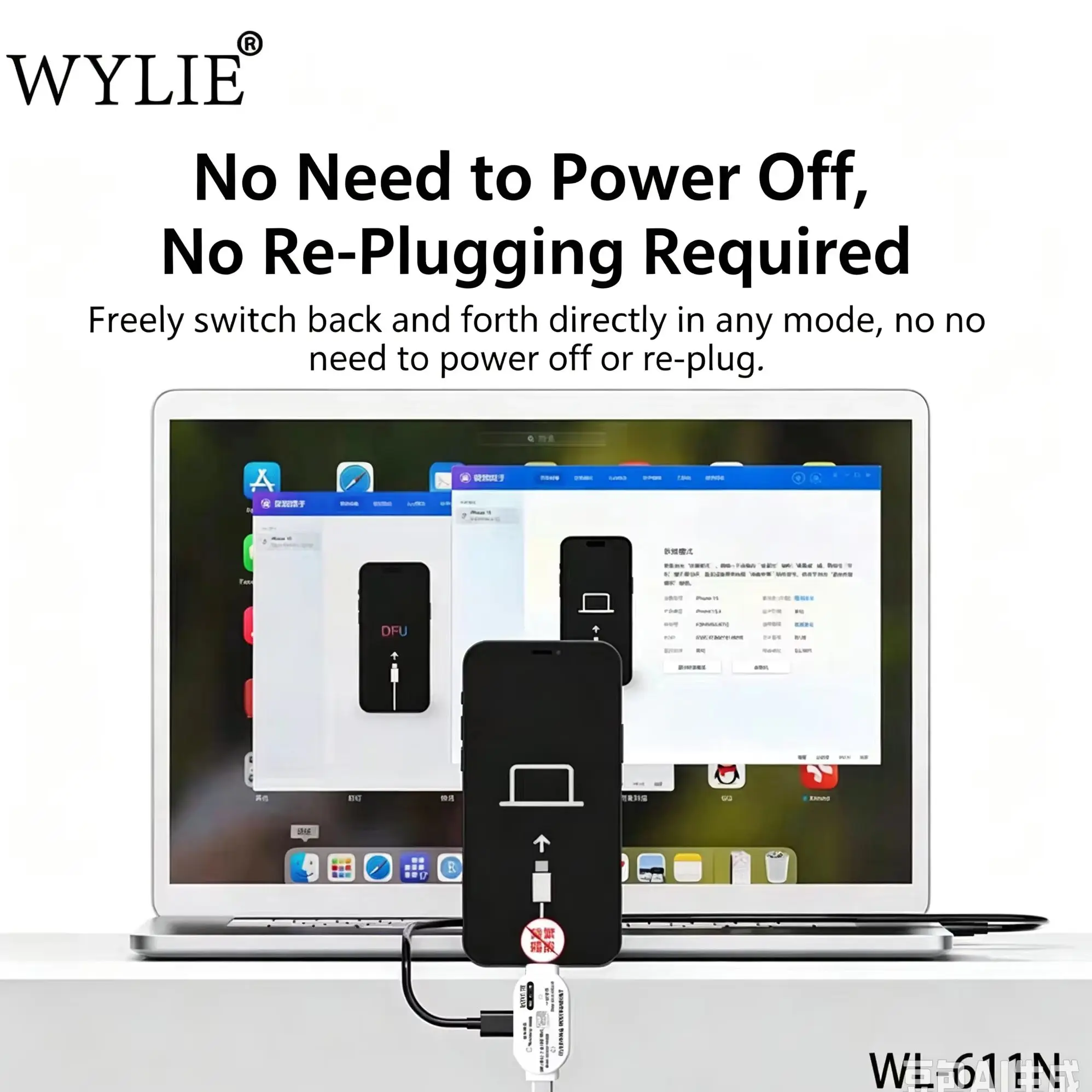 WYLIE WL-611N Flashing Engineering Cable Dual Head One Click Enter DFU Recovery Mode Restart for iPhone iPad Full Series Repair
