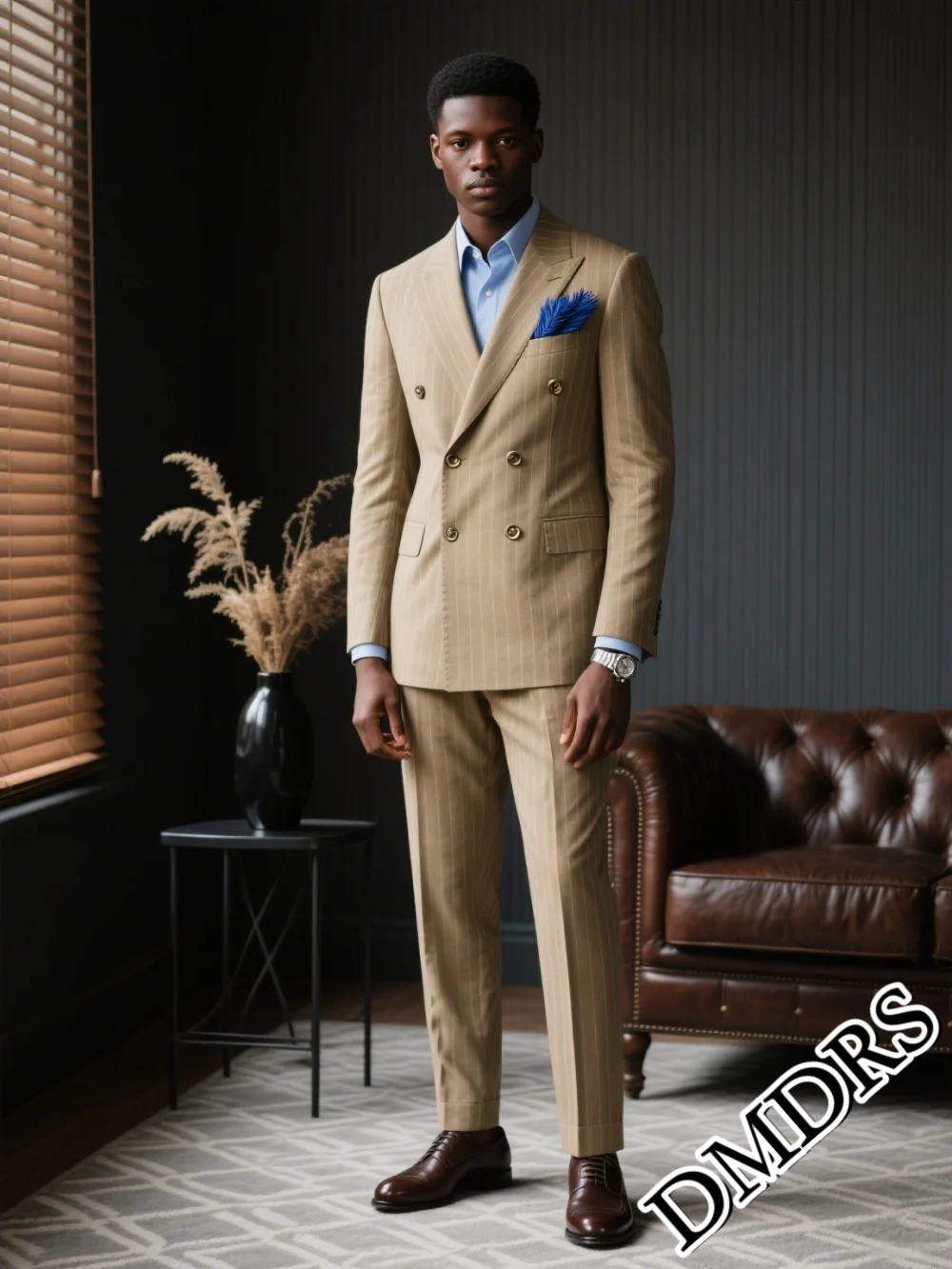 

Premium Double-Breasted Men's Suit For Wedding & Business Classic Striped Suit Set Formal Men's Champagne Jacket & Matching Pant