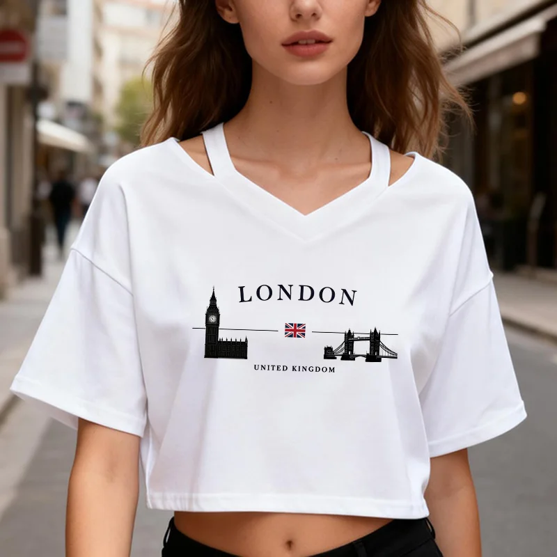 London United Kingdom Letter Print Vintage Crop Tops 90s Y2K V-Neck Short Sleeve Tshirt Women's Sexy Y2k Tshirt Clothes Ladies