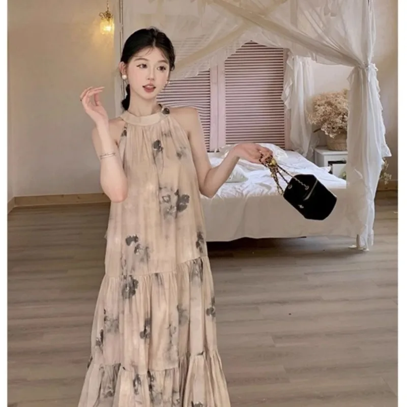 Vestido Maxi Halter Vintage Tie Dye para Mujer, Sin Mangas, Hombros Descubiertos, Ajustado, Elegante, Largo, con Tirantes